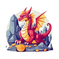 Fierce Dragon Guarding Treasure in Vibrant Triadic Color Scheme Flat Design