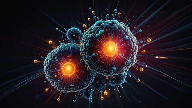 highly stylized and colorful representation of a subatomic particle. It appears to be an artistic interpretation of an atom or a virus-like structure