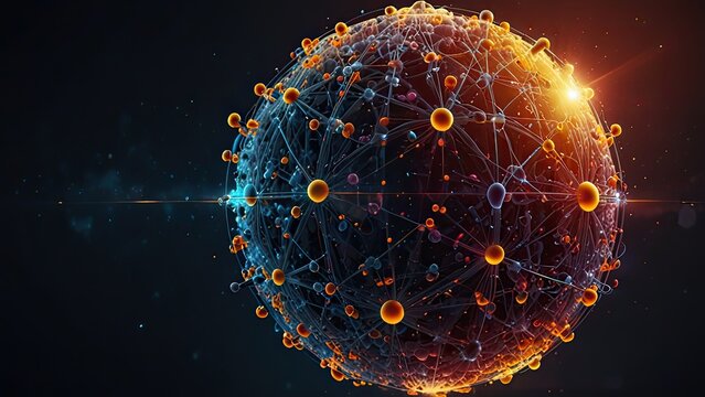 highly stylized and colorful representation of a subatomic particle. It appears to be an artistic interpretation of an atom or a virus-like structure