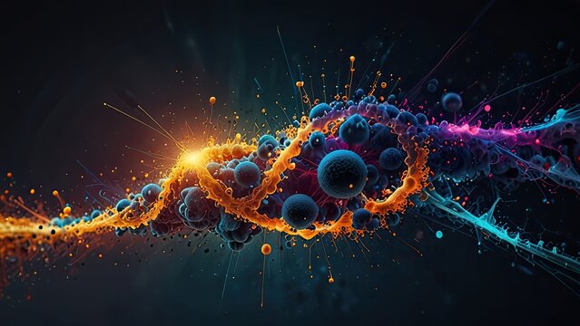 highly stylized and colorful representation of a subatomic particle. It appears to be an artistic interpretation of an atom or a virus-like structure