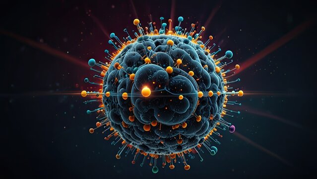 highly stylized and colorful representation of a subatomic particle. It appears to be an artistic interpretation of an atom or a virus-like structure