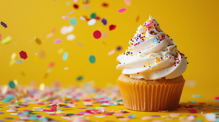 birthday cupcake on yellow background with confetti