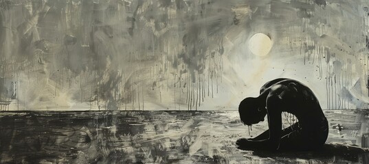 Silhouette of malnutrition person because of war and food crisis. Depressed trauma mental health. Generative AI technology.