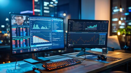 Modern Workstation with Financial News Website and Video Conference Call