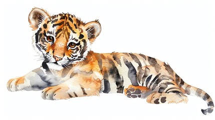 Obraz premium A watercolor painting of a cute tiger cub lying down, showcasing beautiful and vibrant colors with realistic details.