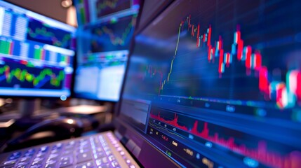 Financial Technology Concept - Desktop Computer with Stock Market Ticker Displayed