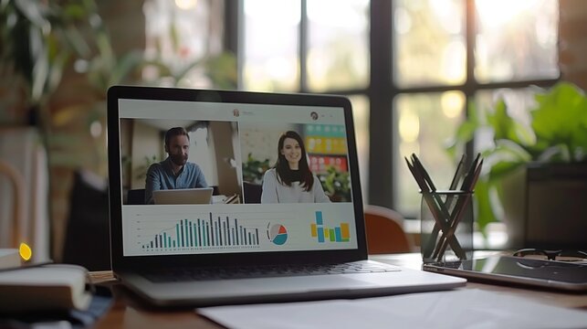 Virtual Financial Consultation: Laptop Screen Showing Online Video Conference with Advisors