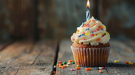 birthday cupcake with candle on wooden table
