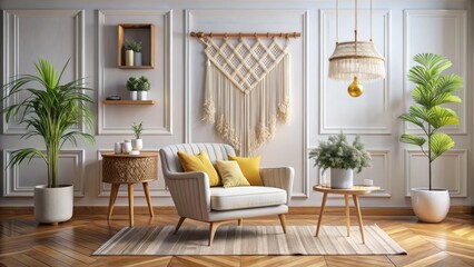 Cozy scandinavian-inspired apartment with white and yellow accents, elegant macrame details, and gold frames, featuring a stylish armchair against a large interior wall.