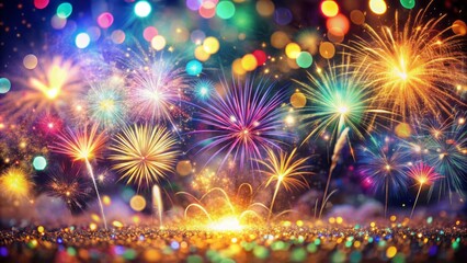 Fototapeta premium Vibrant confetti and glittering fireworks explode in a kaleidoscope of colours against a blurred graphic background, capturing the magic of a celebratory night.