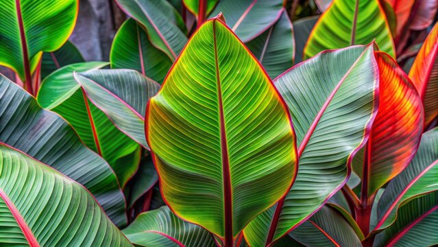 Vibrant green and red leaves of the musaceae family's acuminata banana plant, with striking zebrina patterns, set against a modern, minimalistic background, showcasing edible monocots.