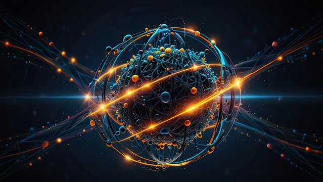 highly stylized and colorful representation of a subatomic particle. It appears to be an artistic interpretation of an atom or a virus-like structure