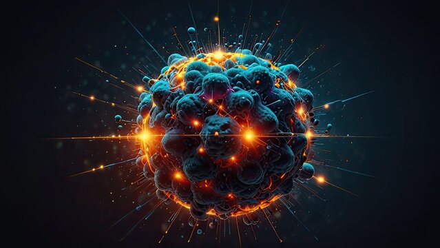 highly stylized and colorful representation of a subatomic particle. It appears to be an artistic interpretation of an atom or a virus-like structure