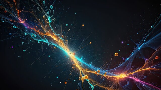 highly stylized and colorful representation of a subatomic particle. It appears to be an artistic interpretation of an atom or a virus-like structure
