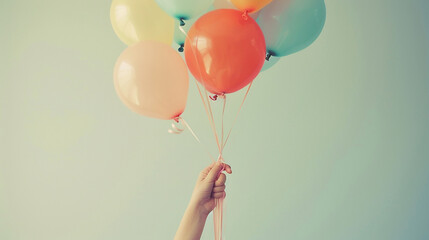 hands of girl holding multicolored balloons