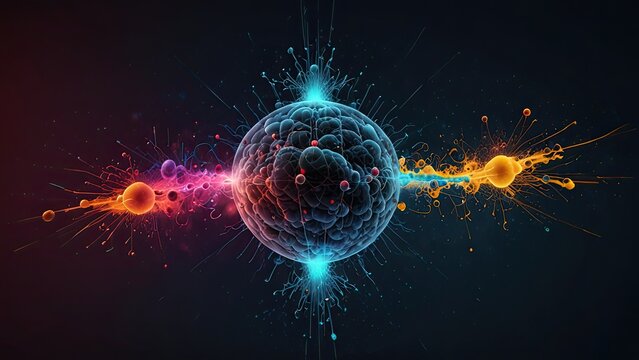 highly stylized and colorful representation of a subatomic particle. It appears to be an artistic interpretation of an atom or a virus-like structure