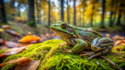 Obraz premium Isolated green frog rests on damp forest floor surrounded by fallen leaves and moss-covered rocks in a serene and tranquil natural woodland environment.