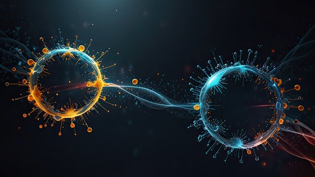 highly stylized and colorful representation of a subatomic particle. It appears to be an artistic interpretation of an atom or a virus-like structure