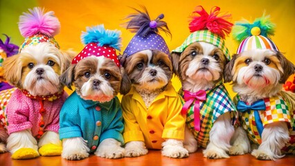 Vibrant colorful background showcases a group of adorable shih tzu puppies dressed in funky, mismatched outfits, perfect for birthday party invitations or advertising.