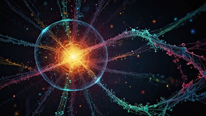 Fototapeta premium highly stylized and colorful representation of a subatomic particle. It appears to be an artistic interpretation of an atom or a virus-like structure