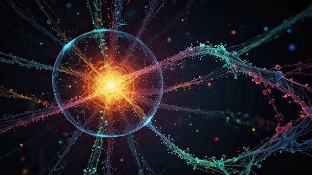 highly stylized and colorful representation of a subatomic particle. It appears to be an artistic interpretation of an atom or a virus-like structure