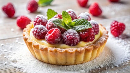 Delicious custard kuchen cream curd fruit tartlet pastry dessert on white tabletop with raspberry topping, powdered sugar dusting, and scattered fruit, ready to be devoured.