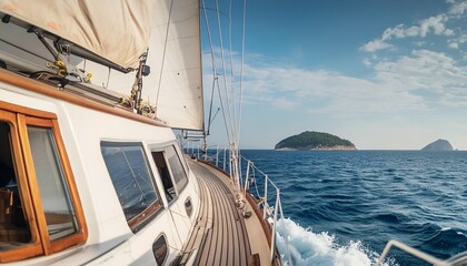 A sailing yacht cruising on the open sea with a view of distant islands. The clear blue water and sky create a perfect day for sailing, evoking a sense of adventure and freedom. 