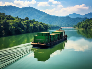 Naklejka premium A green cargo barge on the Nangpo River in southern China, with lush mountains and clear waters in the background