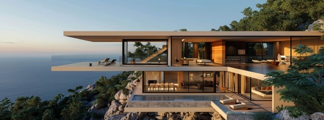 Obraz premium Contemporary, cantilevered house perched on the edge of a cliff with panoramic views generated by AI