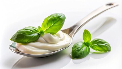 Obraz premium A delicate spoon rests beside a chilled serving of creamy yogurt garnished with a sprig of fresh basil leaves against a pristine white background.