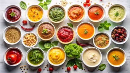 Assortment of colorful sauces in small bowls with labels, arranged on a clean white background, viewed from directly above, showcasing variety and vibrancy.