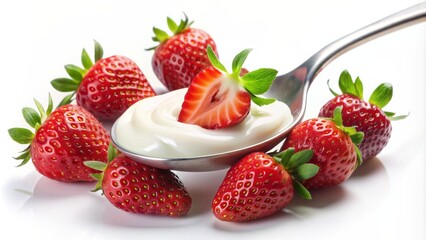 Fresh strawberries surround a spoon filled with creamy yogurt, isolated on a clean white background, evoking a sense of healthy breakfast simplicity.