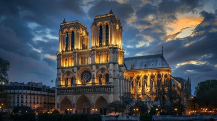 Majestic, medieval cathedral with gargoyles and flying buttresses, illuminated at night generated by AI