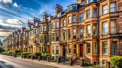 Naklejka premium Row of traditional terraced houses with sandstone facades and ornate details lines a quiet scottish street in glasgow, scotland, uk on a sunny day.