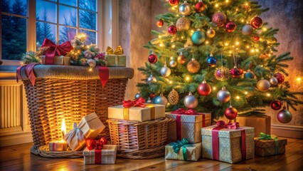 Vibrant colored gifts wrapped in shimmering paper and tied with elegant bows overflow a wicker basket beneath a twinkling tree in a cozy living room setting.