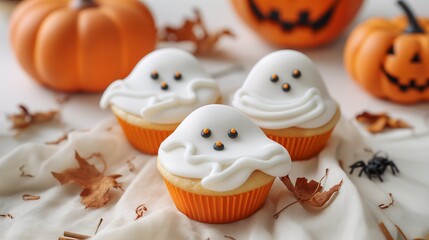 Charming Halloween cupcakes decorated with friendly ghosts and pumpkins. Ideal for holiday parties, trick-or-treat events, and adding a festive touch to any Halloween celebration.