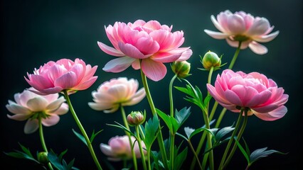 Fototapeta premium Delicate pink petals bloom amidst verdant green stems, elegantly swaying in contrast to the mysterious black background, exuding a sense of serene sophistication.