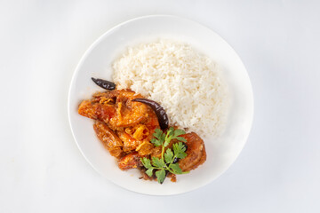 Shrimp with sauce over rice isolated on white background