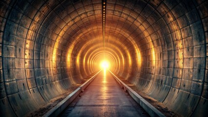 A long, dark, ominous tunnel stretches forward, illuminated only by a faint, warm glow emanating from the distant exit, symbolizing hope and freedom.
