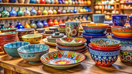 Fototapeta premium Vibrant hand-painted ceramic cups, saucers, plates, and bowls, arranged artfully on a wooden counter, surrounded by subtle decorative accents, in a stylish store display.