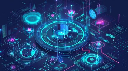 Obraz premium Isometric digital blockchain network concept - Isometric illustration of a digital blockchain infrastructure featuring network nodes and data blocks
