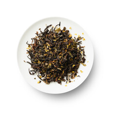 Osmanthus black tea sample in a porcelain plate. Tea samples.