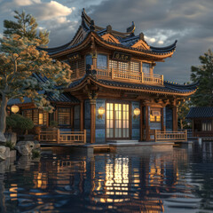 Obraz premium Elegant Chinese-inspired wooden house with pool