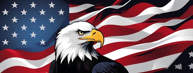 Bald Eagle with American Flag soft background with empty space, illustration