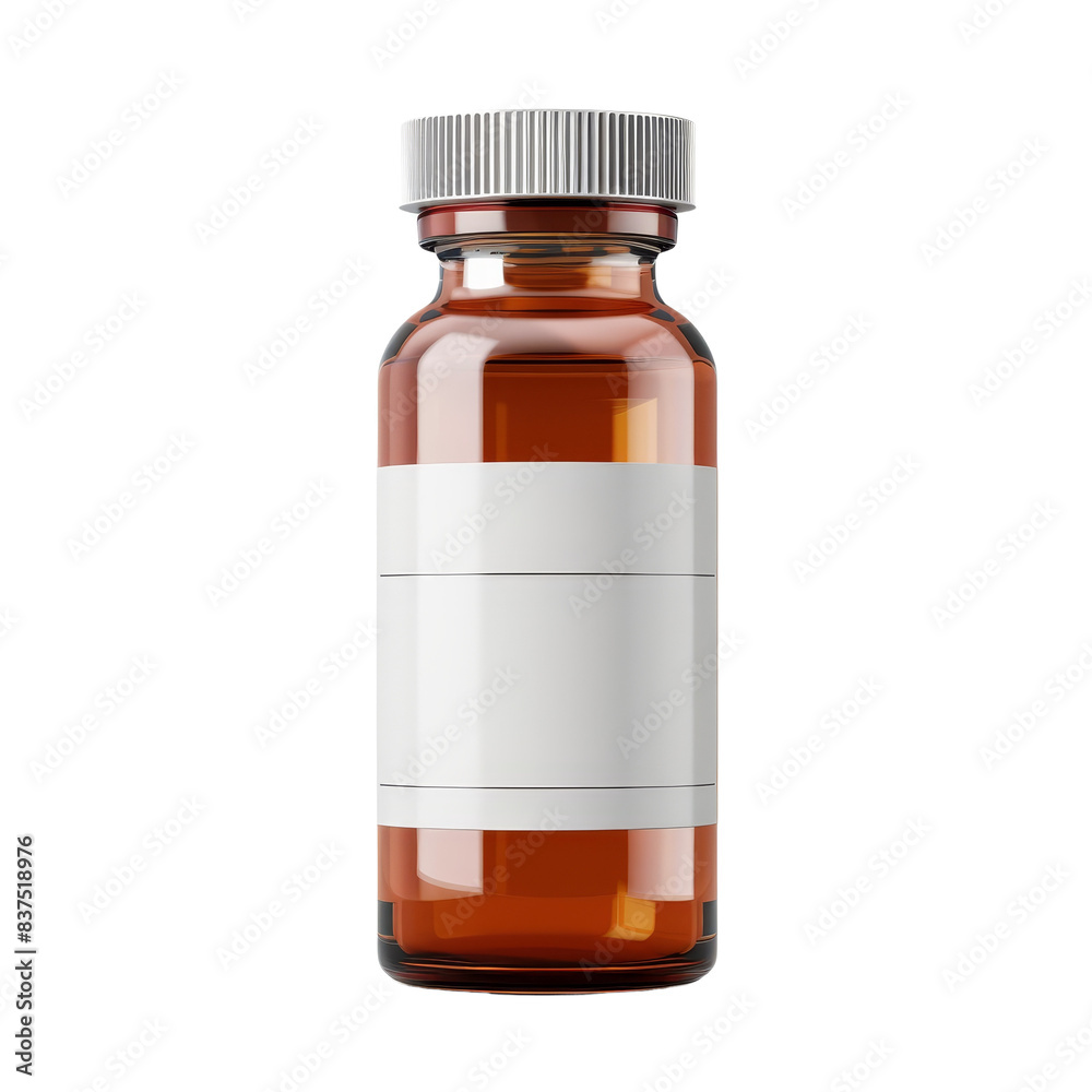 Wall mural high-quality photo of a brown glass medicine bottle with a blank label and a silver cap, ideal for m