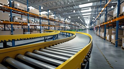 Fototapeta premium Modern Industrial Conveyor Belt System in a Warehouse with Shelves and Boxes