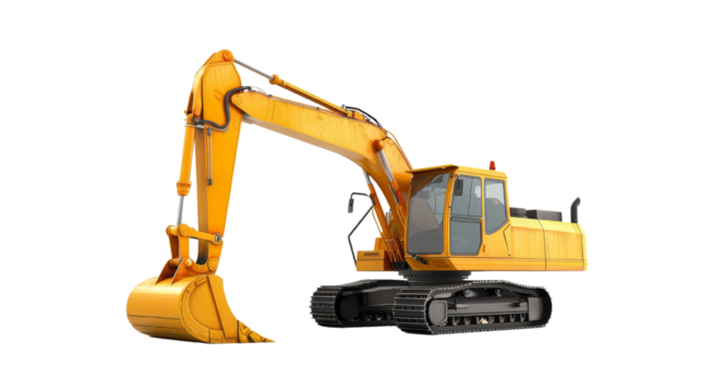 Yellow excavator on transparent background. Heavy construction equipment for digging and earth moving. Industrial machinery isolated.