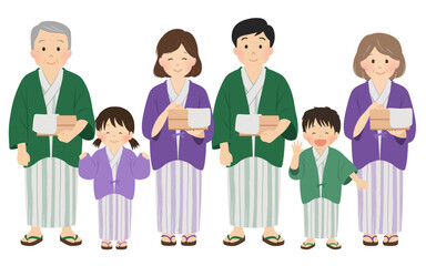 温泉旅行_浴衣姿の3世代家族_ベクターイラスト
