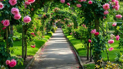 a colorful array of flowers, including pink, red and pink, and purple blooms, adorn a walkway in a garden