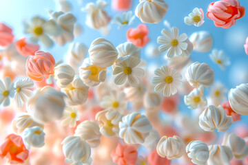 Fototapeta premium A bunch of white flowers are floating in the air. The flowers are scattered all over the image, with some closer to the top and others near the bottom. Scene is light and airy